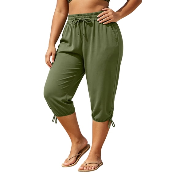 Drses Plus Size Women Loose Fit Capri Sweatpants, Athletic Yoga Workout Activewear Cropped Pants with Convenient Side Pockets
