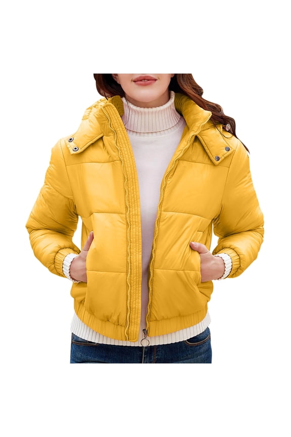 Puffer Jacket Womens with Hood Shiny Bubble Zip Up Winter Padded Fashion Puffy Layer Jacket Coat