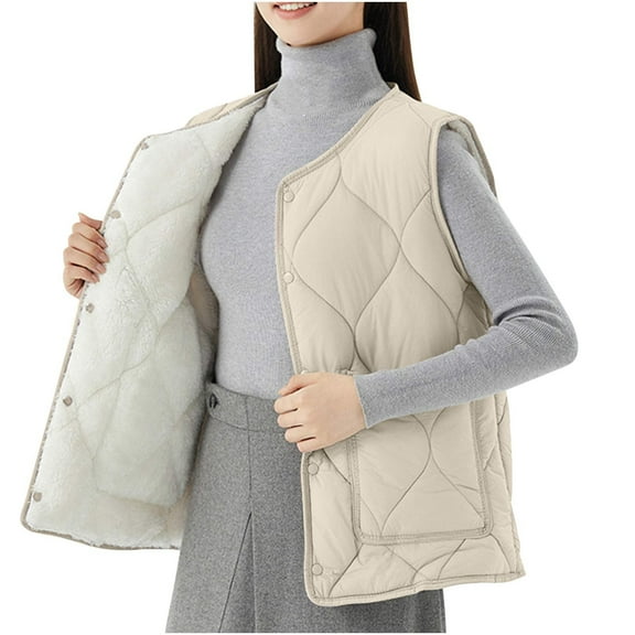 Drses Quilted Vest Women Lightweight Button down Crewneck Padded Gilet Winter Sleeveless Warm Puffer Vest with Pockets