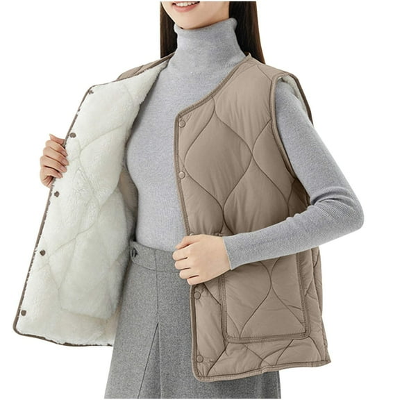 Drses Quilted Vest Women Lightweight Button down Crewneck Padded Gilet Winter Sleeveless Warm Puffer Vest with Pockets