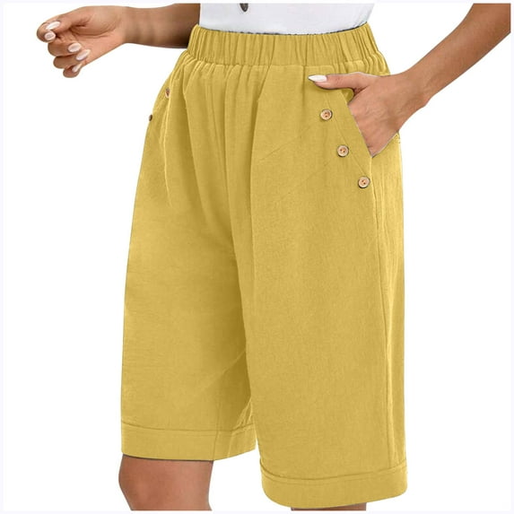 Drses Shorts for Women Women Solid Cotton And Linen Summer Loose Casual Comfortable Elastic Waist Straight Leg Pants Shorts Capris Women's Athletic Shorts with Pockets