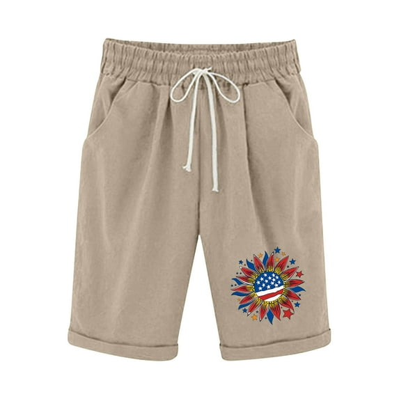 Drses Shorts for Women Women's Shorts Cotton And Linen Fashionable Printing Elastic Waist 5-inch Pants Drawstring 5-inch Shorts Women's Athletic Shorts with Pockets