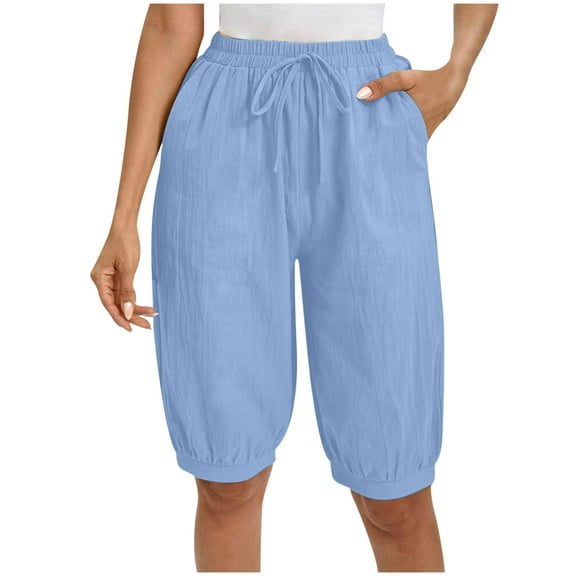 Drses Shorts for Women Women solid cotton and linen summer loose casual comfortable elastic waist straight leg pants shorts capris Women's Athletic Shorts with Pockets