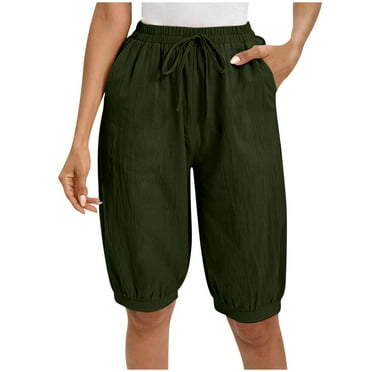 Drses Shorts for Women Women solid cotton and linen summer loose casual comfortable elastic waist straight leg pants shorts capris Women's Athletic Shorts with Pockets