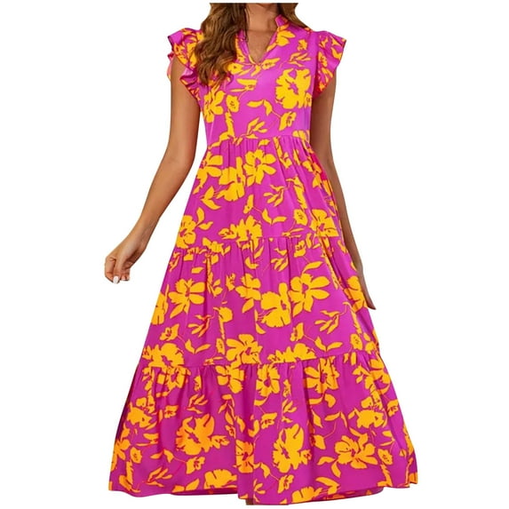 Drses Sleeveless Dress for Women Summer Women's Summer Ruffled Cake Skirt Vacation Style Sleeveless V-neck Printed Dress Sundress for Women 2024