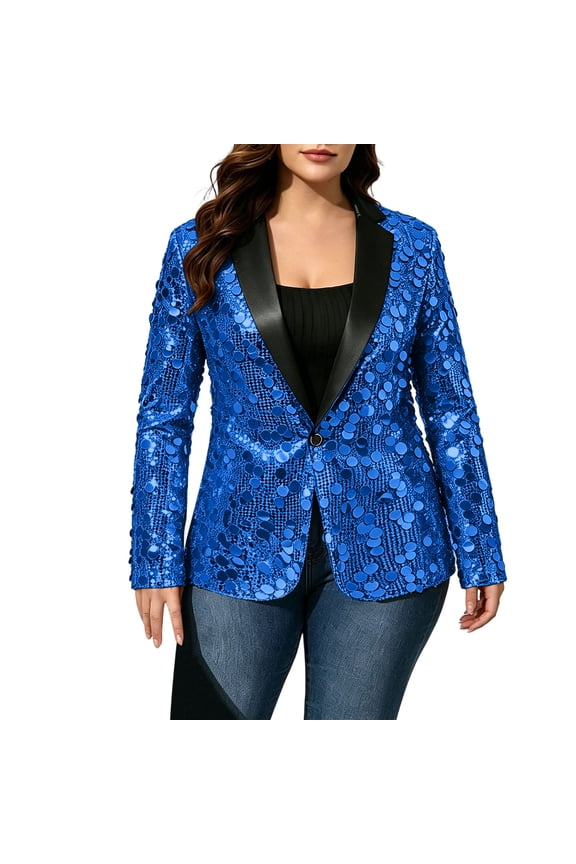 Slim Cut Sequined One Button Suit Jacket Unisex, Satin Lapel Long Sleeve 106% Polyester Blazer, Stylish Shiny Outerwear For Autumn