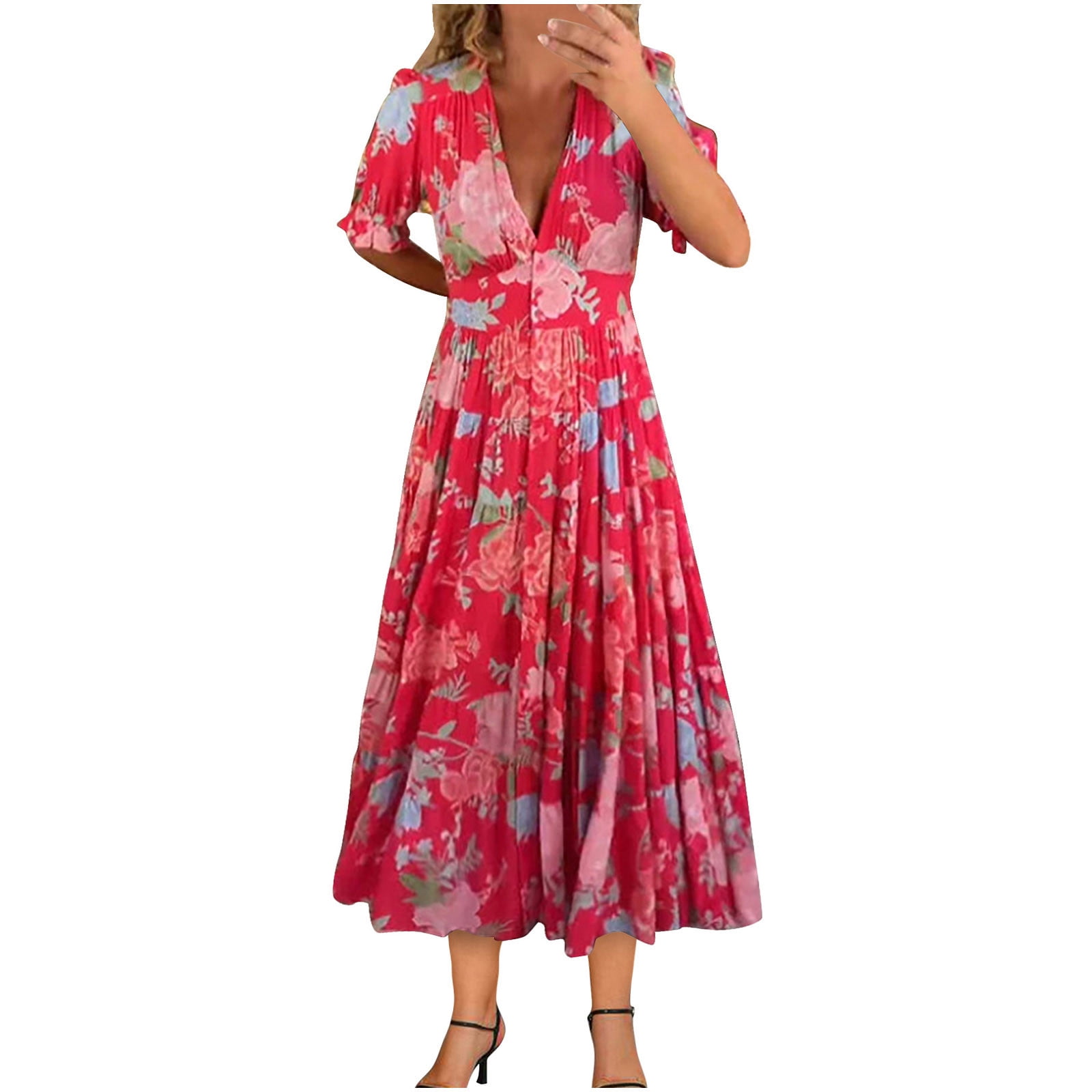 Women's Mexican Embroidered Dress - Bohemian Floral Maxi, Short Sleeve, Cotton - View #6