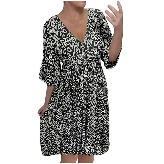 Drses Summer Dresses for Women 2024 Casual V Neck Floral Bohemian Wrap 3/4 Sleeve Midi Dress