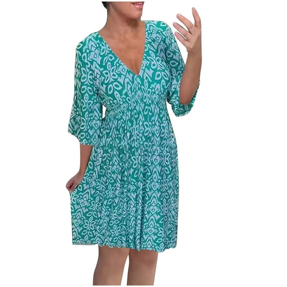 Drses Summer Dresses for Women 2024 Casual V Neck Floral Bohemian Wrap 3/4 Sleeve Midi Dress