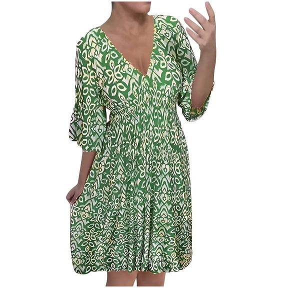 Drses Summer Dresses for Women 2024 Casual V Neck Floral Bohemian Wrap 3/4 Sleeve Midi Dress