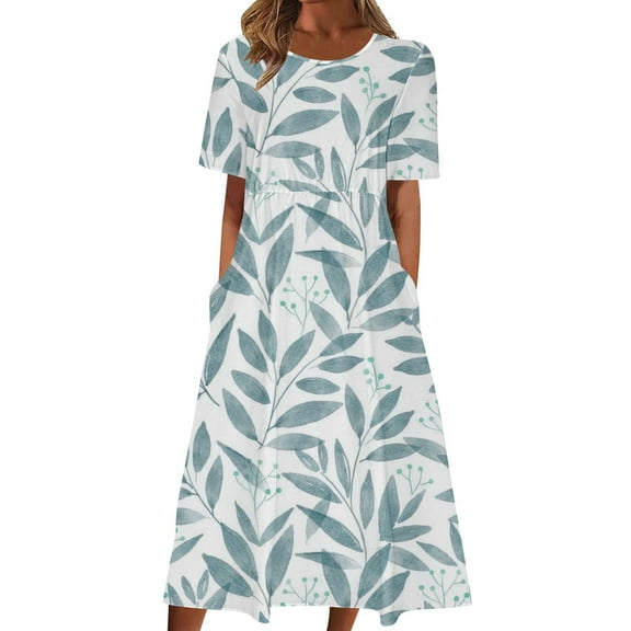Drses Summer Dresses for Women 2024 Fashion Women Casual Sexy Round Neck Printing Elastic Waist Short Sleeve Pockets Dress Women's Casual Dresses