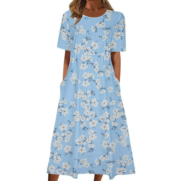 Drses Summer Dresses for Women 2024 Fashion Women Casual Sexy Round Neck Printing Elastic Waist Short Sleeve Pockets Dress Women's Casual Dresses