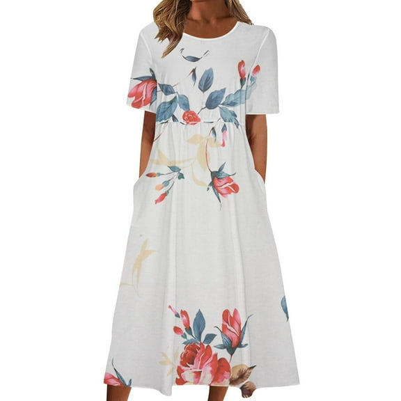 Drses Summer Dresses for Women 2024 Fashion Women Casual Sexy Round Neck Printing Elastic Waist Short Sleeve Pockets Dress Women's Casual Dresses