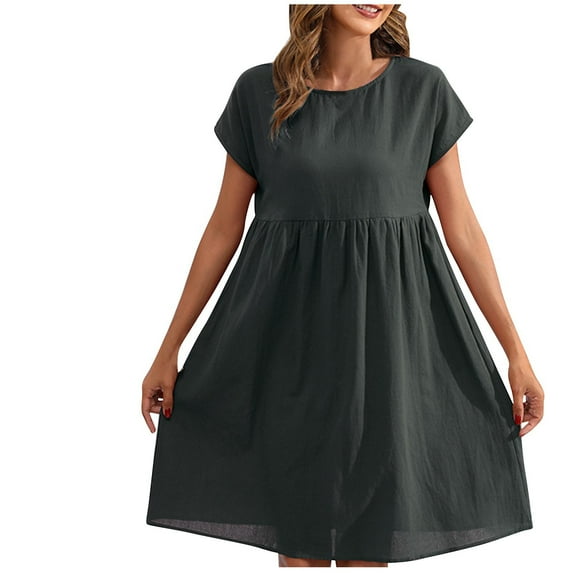 Drses Summer Dresses for Women 2024 Women's Summer Cotton And Linen Casual Mid Length Solid ColorShortSleeve Round Neck Dress Women's Casual Dresses