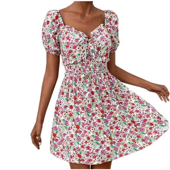 Drses Summer Dresses for Women 2024 Women's Summer Printed High Waist Bubble Sleeves Short Sleeve V-neck Dress Women's Casual Dresses