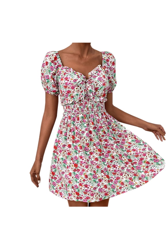 Summer Dresses for Women 2024 Women's Summer Printed High Waist Bubble Sleeves Short Sleeve V-neck Dress Women's Casual Dresses
