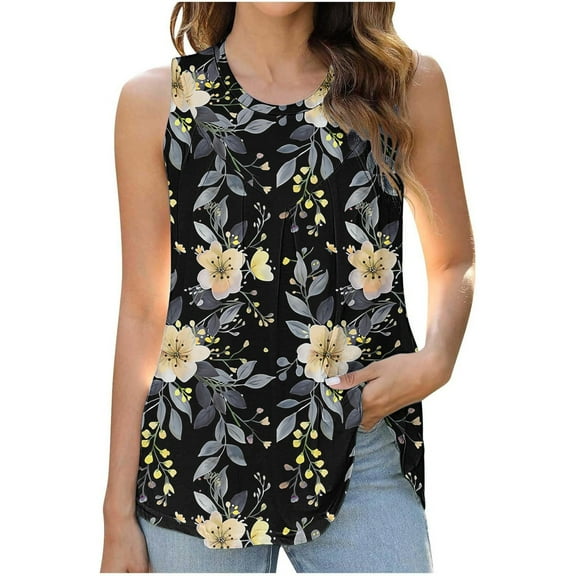 Drses Summer Tank Tops for Women Loose Fit Pleated Square Neck Sleeveless Tops Curved Hem