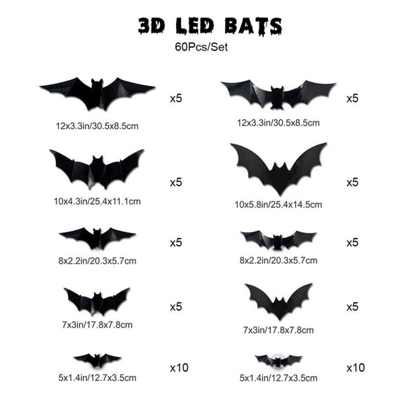 Drses‌‌ Three-dimensional Halloween LED Night Light Bats Holiday Party Window Display Garage Decoration PVC Flash Wall Stickers 12/24/48/60pcs