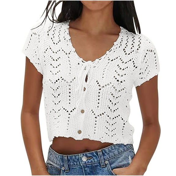 Drses Tops for Women Crochet Knitted Summer Vest Hollow Out Button Down Shirts Short Sleeve Crop Tops Y2K Tee