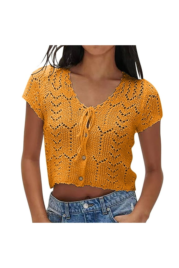 Tops for Women Crochet Knitted Summer Vest Hollow Out Button Down Shirts Short Sleeve Crop Tops Y2K Tee