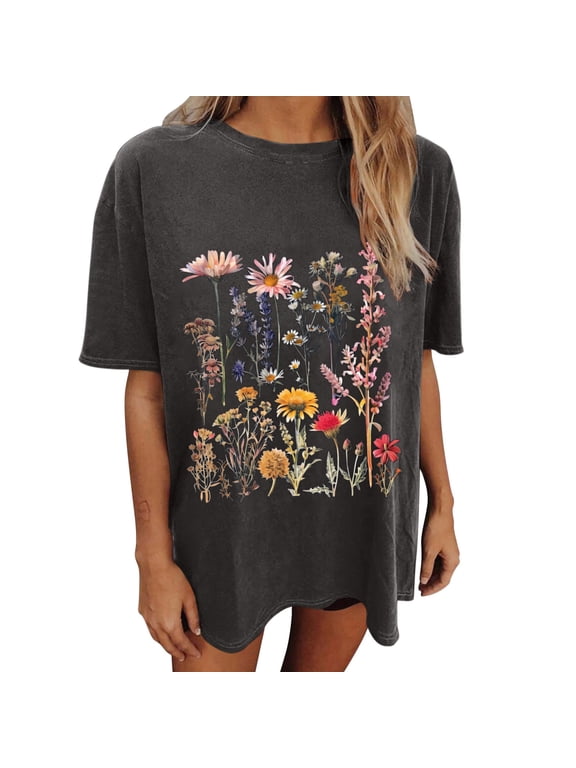 Wildflowers Shirt for Women Oversized Floral Loose T Shirts Graphic Tees Flower Plant Shirts Womens Tops