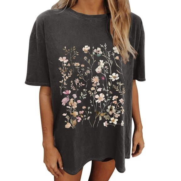 Drses Wildflowers Shirt for Women Oversized Floral Loose T Shirts Graphic Tees Flower Plant Shirts Womens Tops