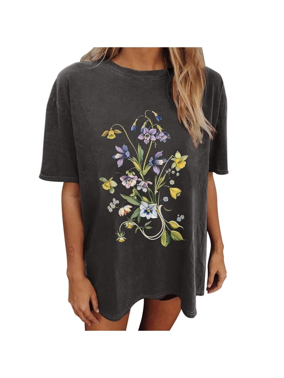 Wildflowers Shirt for Women Oversized Floral Loose T Shirts Graphic Tees Flower Plant Shirts Womens Tops