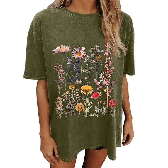 Drses Wildflowers Shirt for Women Oversized Floral Loose T Shirts Graphic Tees Flower Plant Shirts Womens Tops
