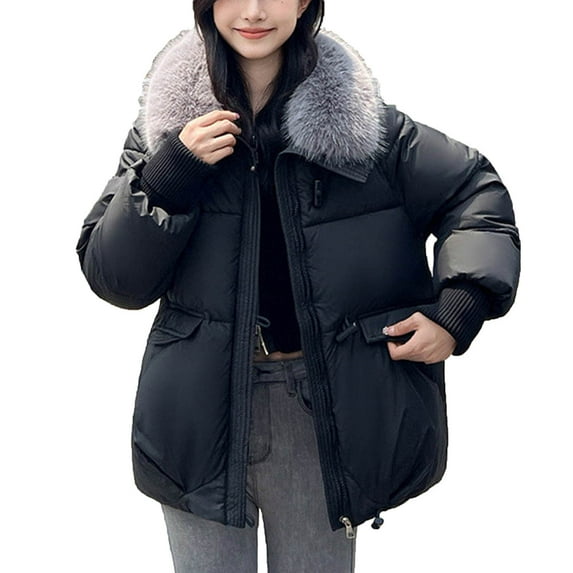 Drses Winter Fur Collar Puffer Down Parka Loose Down Warmer Thicken Snow Jacket Pocket Zipper Faux Fur Outerwear