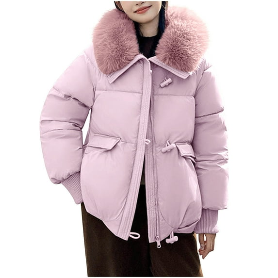 Drses Winter Fur Collar Puffer Down Parka Loose Down Warmer Thicken Snow Jacket Pocket Zipper Faux Fur Outerwear