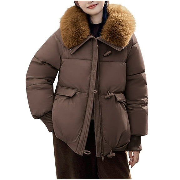 Drses Winter Fur Collar Puffer Down Parka Loose Down Warmer Thicken Snow Jacket Pocket Zipper Faux Fur Outerwear