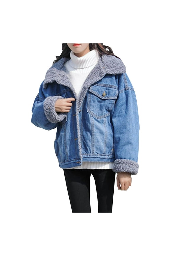 Winter Thick Warm Short Lamb Fur Liner Jeans Jacket Coat Female Loose Batwing Sleeve Denim Jacket