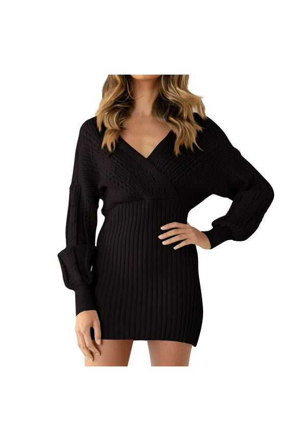 Women Casual V Neck Knitted Sweater Elegant Long Sleeve Pullover Elasticity Bodycon Ribbed Sweater Dress