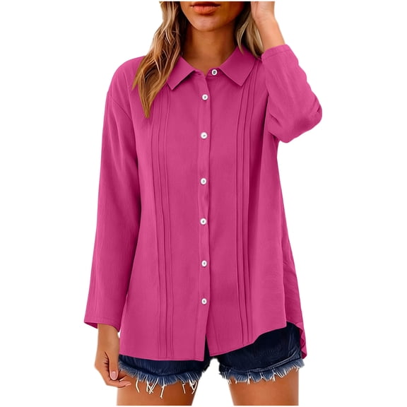 Drses Women Cotton Linen Pleated Button Down Shirt, Lapel Point Collar Drop Shoulder 3/4 Long Sleeve High Low Hem Tunic Blouse Casual Work Top