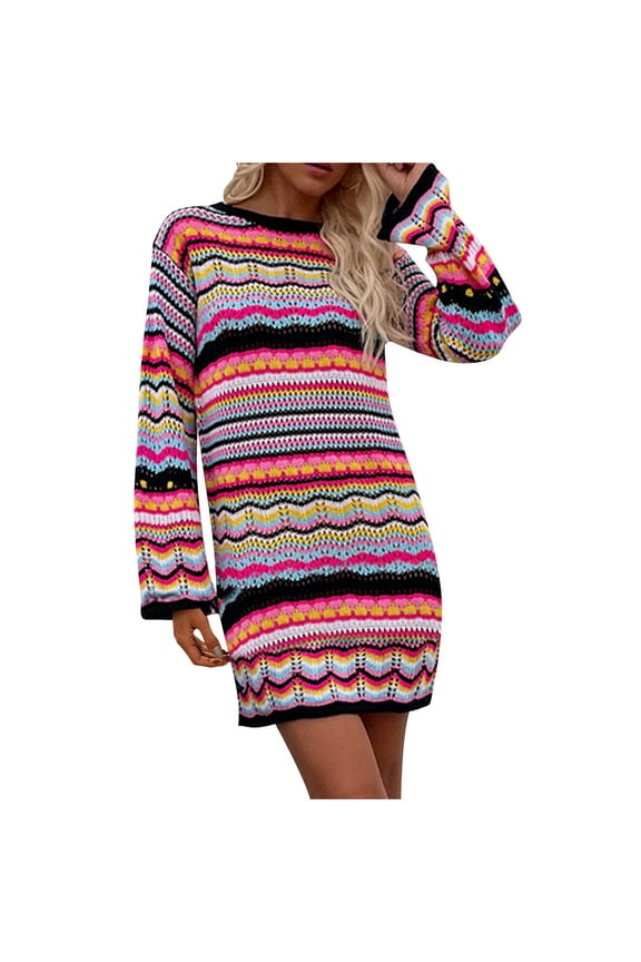 Women Crochet Knit Mini Dress Long Sleeve Colorful Mesh Cover Ups Casual Sweater Dress