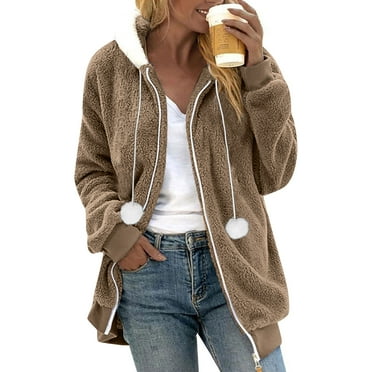 Drses Women Fashion Color Block Faux Shearling Coat Warm Hooded Zip Up Fuzzy Winter Jacket with Pockets