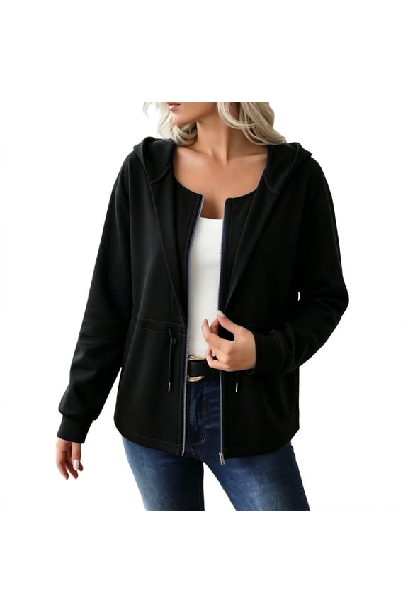 Women Full Zip Hooded Sweatshirt Coat, Stretch Fabric Drawstring Waist Long Sleeve Pocket Jacket, Multi Color Versatile Fall Winter Daily Casual Layering Outer Top