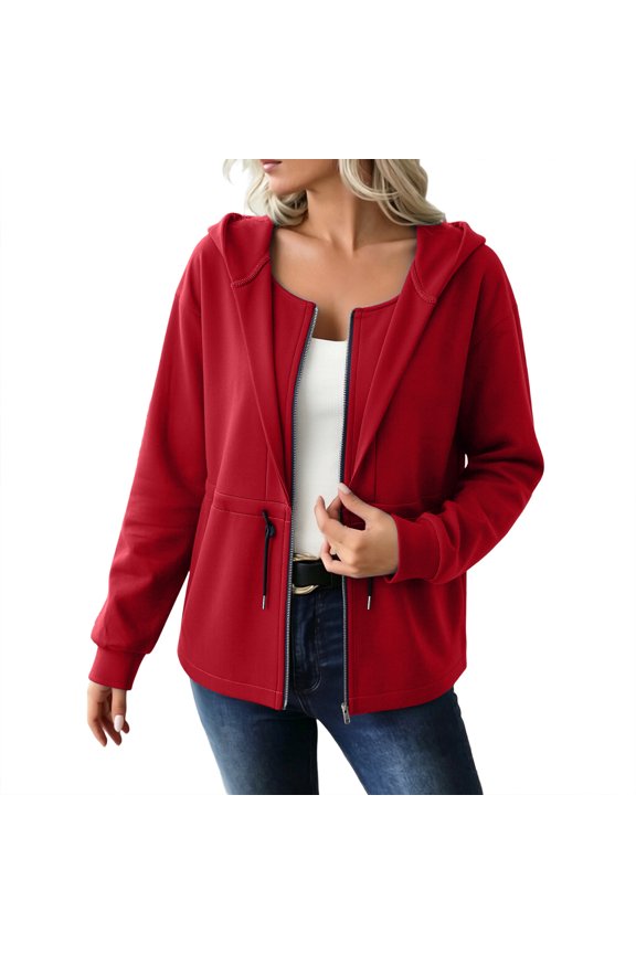 Women Full Zip Hooded Sweatshirt Coat, Stretch Fabric Drawstring Waist Long Sleeve Pocket Jacket, Multi Color Versatile Fall Winter Daily Casual Layering Outer Top