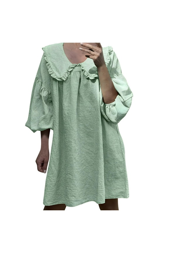 Women Gingham Babydoll Dress Short Puff Sleeve Coquette Dress Vintage A-Line Mini Dress Summer Boho Streetwear