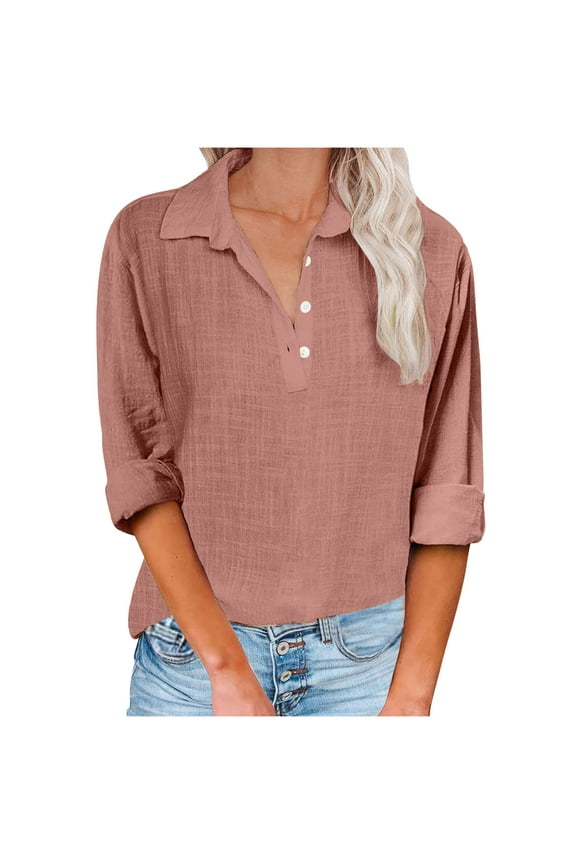 Women Long Sleeve Linen Shirt Business Button Up Shirt Casual V Neck Shirts Flowy Tops Slim Fitting Shirt