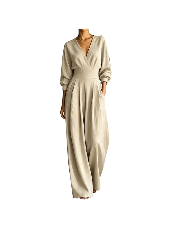 Women Long Sleeve Wide Leg Jumpsuit for Fall Winter, V Neck Batwing High Waist Waist Pleats Loose Elegant Outfit with Hidden Pockets, Versatile Formal Travel Casual Solid One Piece