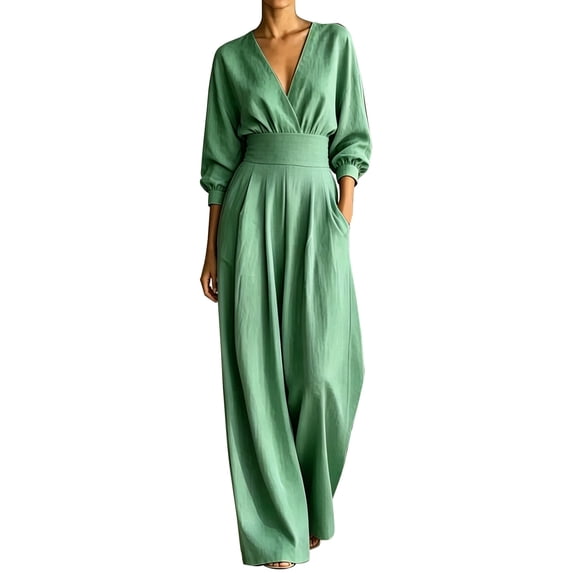 Drses Women Long Sleeve Wide Leg Jumpsuit for Fall Winter, V Neck Batwing High Waist Waist Pleats Loose Elegant Outfit with Hidden Pockets, Versatile Formal Travel Casual Solid One Piece