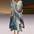 thumbnail image 1 of Drses Women Midi Dress Casual Loose Printed Irregular Buttoned Hem V-Neck 3/4 Sleeve Pleated Summer Dresses, 1 of 5