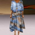 thumbnail image 1 of Drses Women Midi Dress Casual Loose Printed Irregular Buttoned Hem V-Neck 3/4 Sleeve Pleated Summer Dresses, 1 of 5