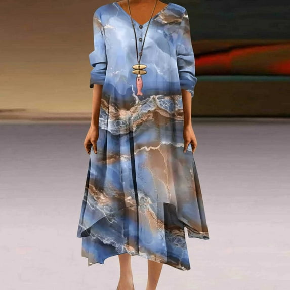 Drses Women Midi Dress Casual Loose Printed Irregular Buttoned Hem V-Neck 3/4 Sleeve Pleated Summer Dresses