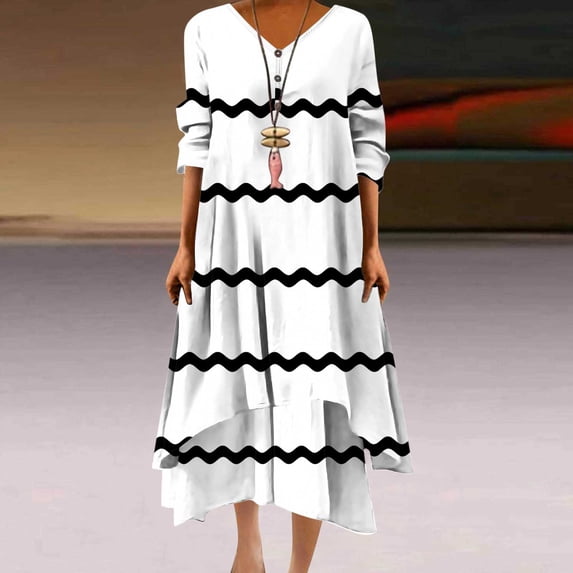 Drses Women Midi Dress Casual Loose Printed Irregular Buttoned Hem V-Neck 3/4 Sleeve Pleated Summer Dresses