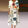 thumbnail image 1 of Drses Women Midi Dress Casual Loose Printed Irregular Buttoned Hem V-Neck 3/4 Sleeve Pleated Summer Dresses, 1 of 5