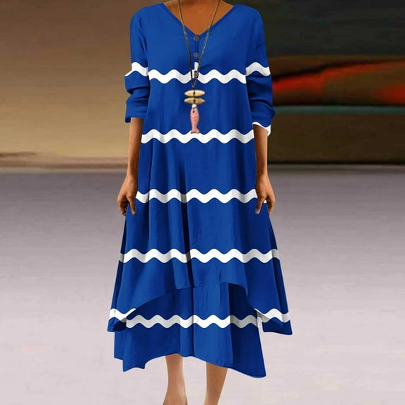 Drses Women Midi Dress Casual Loose Printed Irregular Buttoned Hem V-Neck 3/4 Sleeve Pleated Summer Dresses