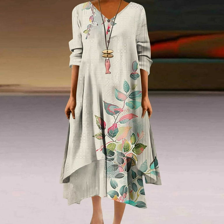 Drses Women Midi Dress Casual Loose Printed Irregular Buttoned Hem