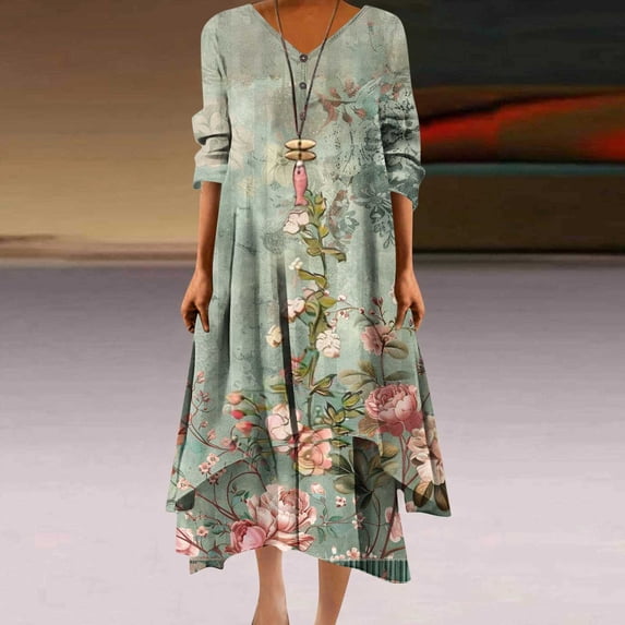Drses Women Midi Dress Casual Loose Printed Irregular Buttoned Hem V-Neck 3/4 Sleeve Pleated Summer Dresses